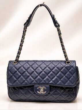 Authentic Chanel Classic Flap Bag Navy Quilted Leather Gold Chain Shoulder Bag